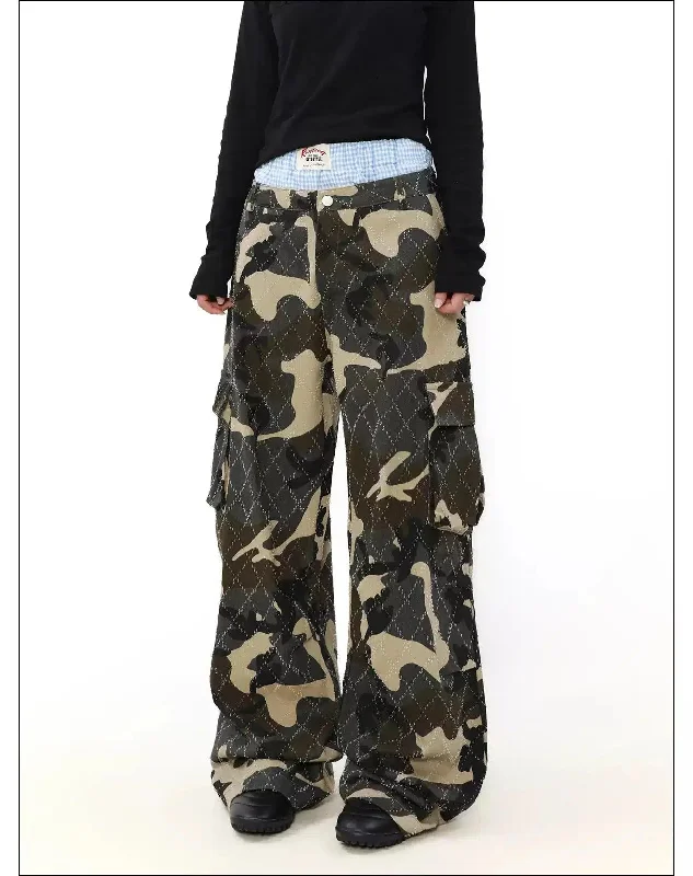 Double-Waist Wide Camo Cargo Pants