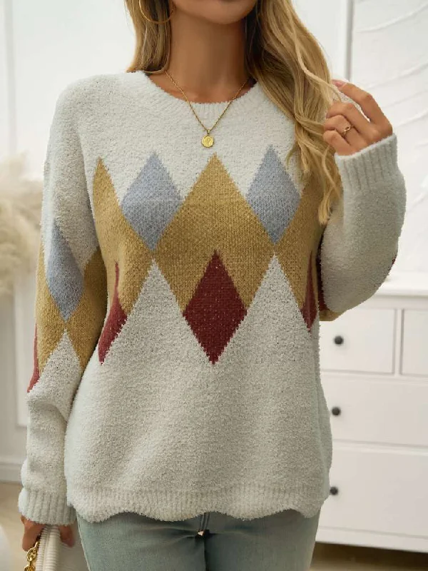 Geometric Jacquard Weave Loose Sweater