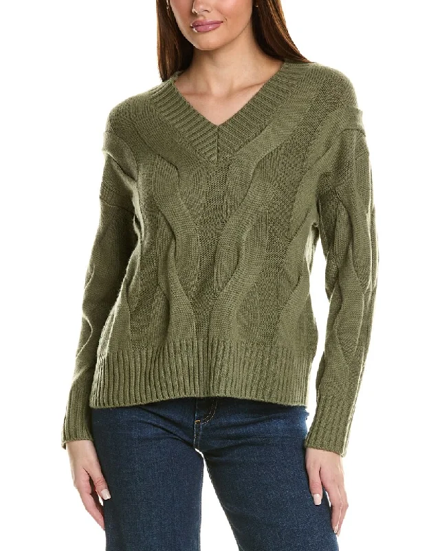 Hannah Rose Wide Cable V-Neck Wool & Cashmere-Blend Sweater