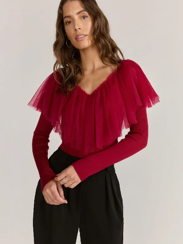 English Factory Long Sleeve V-Neck Tulle Sweater - Brands We Love