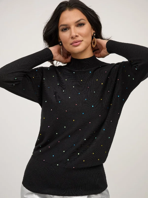 Rhinestone-Embellished Mock-Neck Sweater