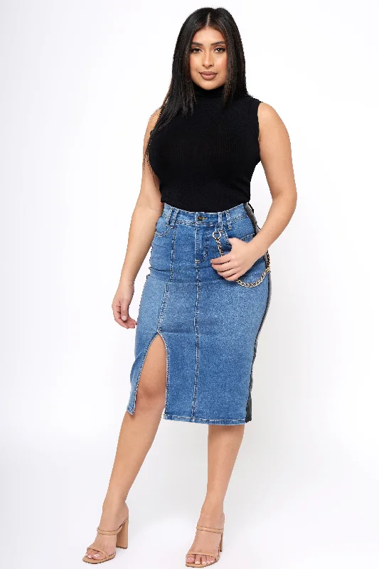 Bad Habits - Denim & Leather Midi Skirt