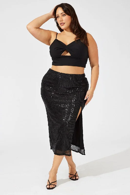 Black Long Sequin Split Skirt