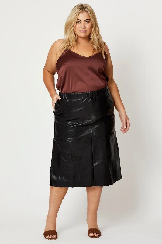 Black Midi Skirt Faux Leather