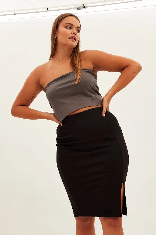 Black Midi Skirt Rib Textured Jersey Elastic Waist