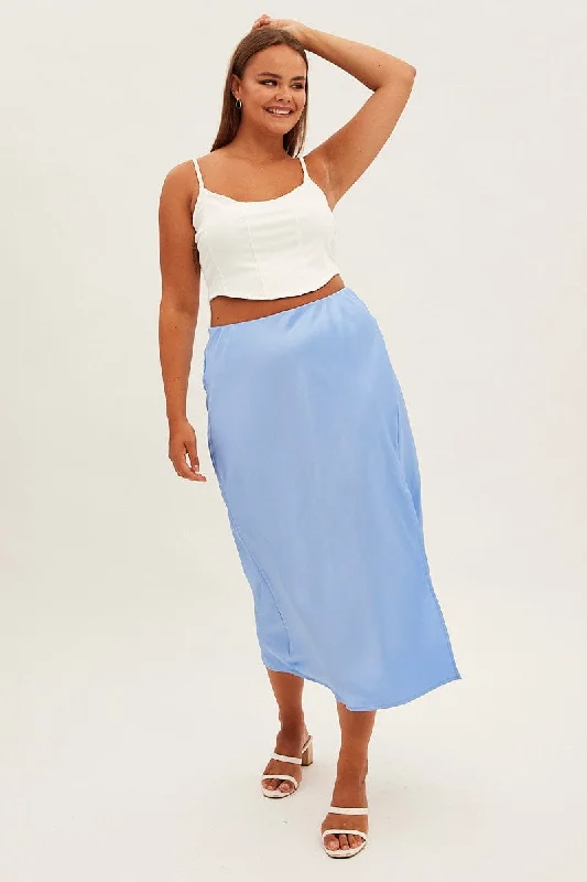 Blue Midi Skirt Bias Satin Split Side