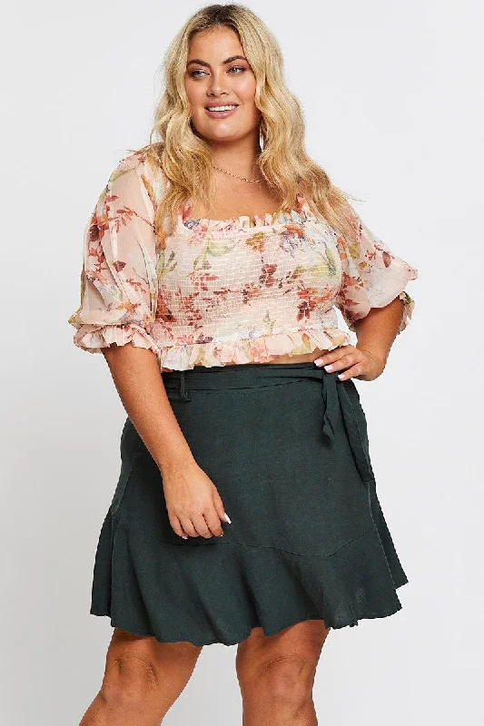 Green High Waist Linen Blend Belted Skirt