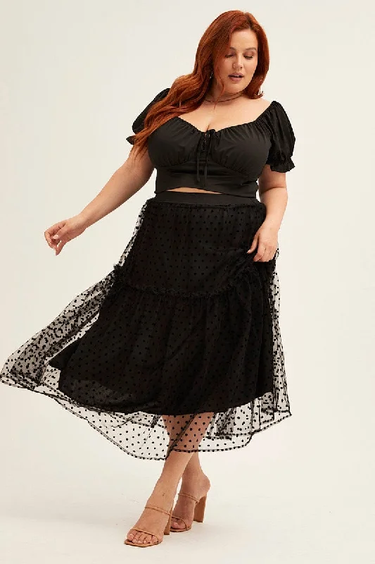 Polka Dot Midi Skirt Tulle Spot Elastic Waist Party