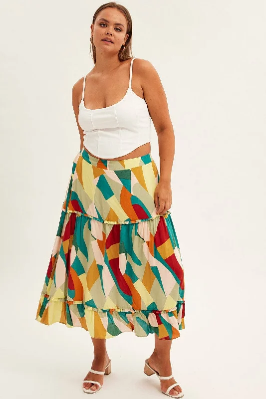 Print Midi Skirt Frill Detail Rayon