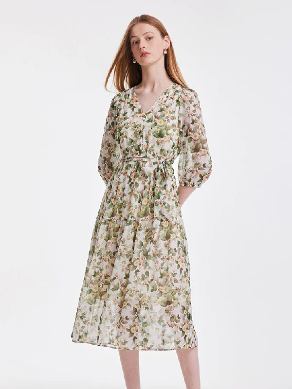 19 Momme Silk V-Neck Floral Midi Dress