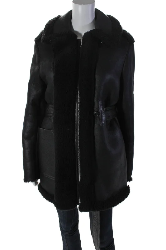 ACNE Studios Womens Leather Shearling Lined Double Zip Coat Black