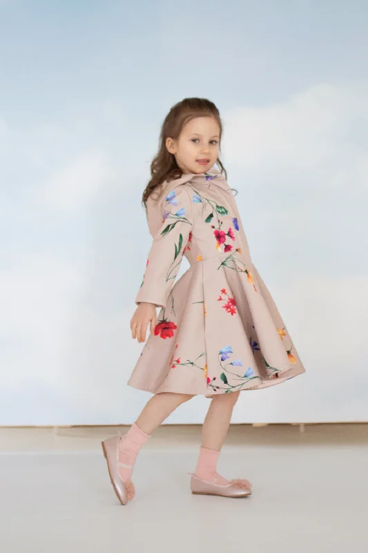 Beige Coat with Colorful Flower Print for Girls | 'Spring Bloom'