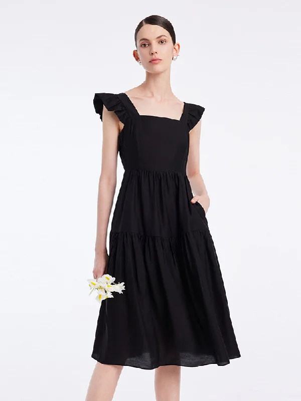 Black Acetate Ruffle Sleeve Midi Dress