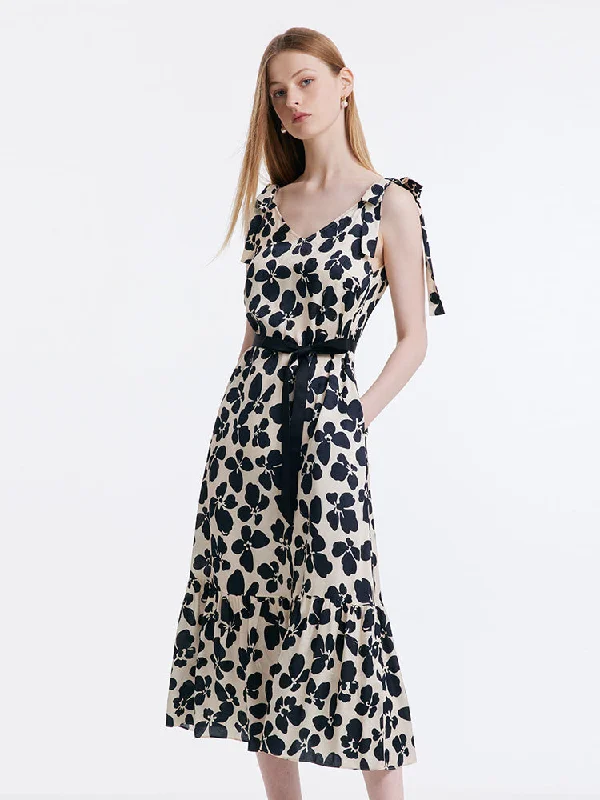 Black Floral Tie-Strap Midi Dress