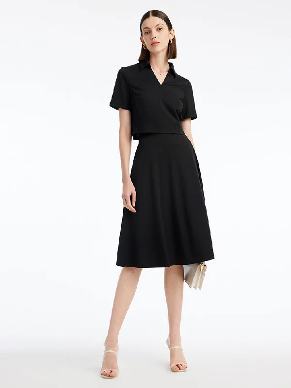 Black Tencel Women Blouse And Knee-Length Skirt Two-Piece Suit