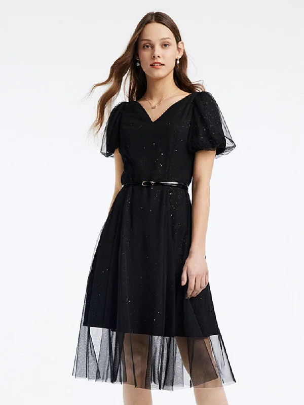 Black V-Neck Mesh Princess Sleeve Midi Dress