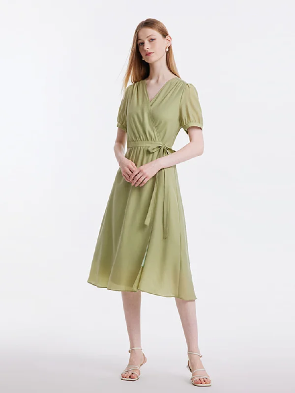 Green Diacetate Gathered Waist Midi Dress