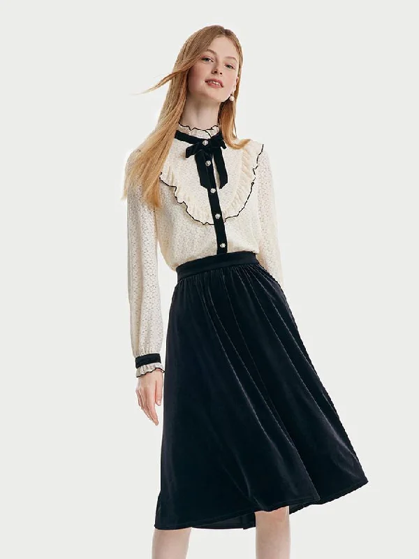 Lace Ruffle Shirt And Velvet Women Skirt Two-Piece Set