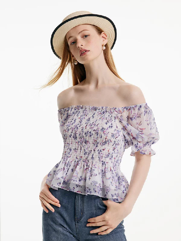 Purple Floral Off Shoulder Ruffle Blouse