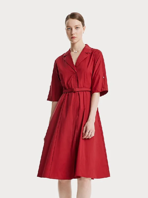 Red Lapel Cotton Midi Dress