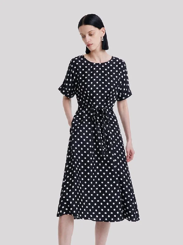 Round Neck Polka Dot Jacquard Silk Midi Dress