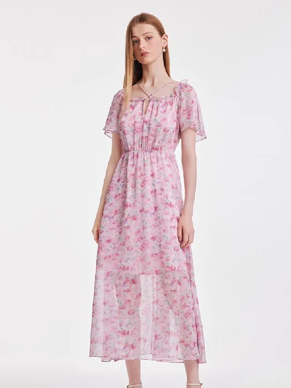 Pink Square Neck Print Maxi Dress