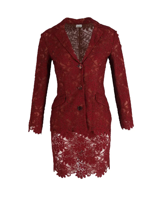 Ozbek Lace Tailored Blazer and Skirt Set in Burgundy Rayon