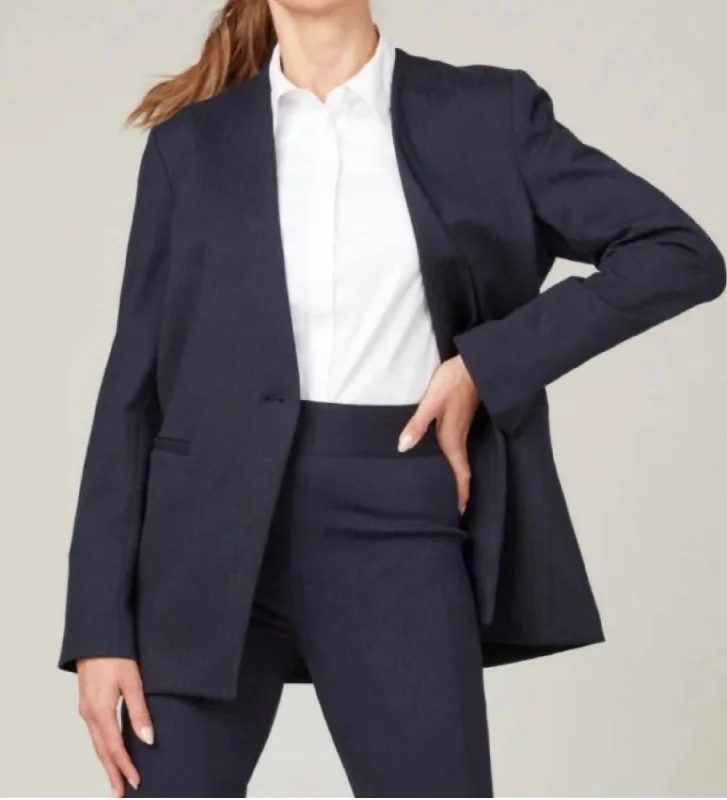 Perfect Collarless Blazer In Navy With White Pinstripes